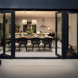 The chic modern bifold doors elegantly showcase the interior of